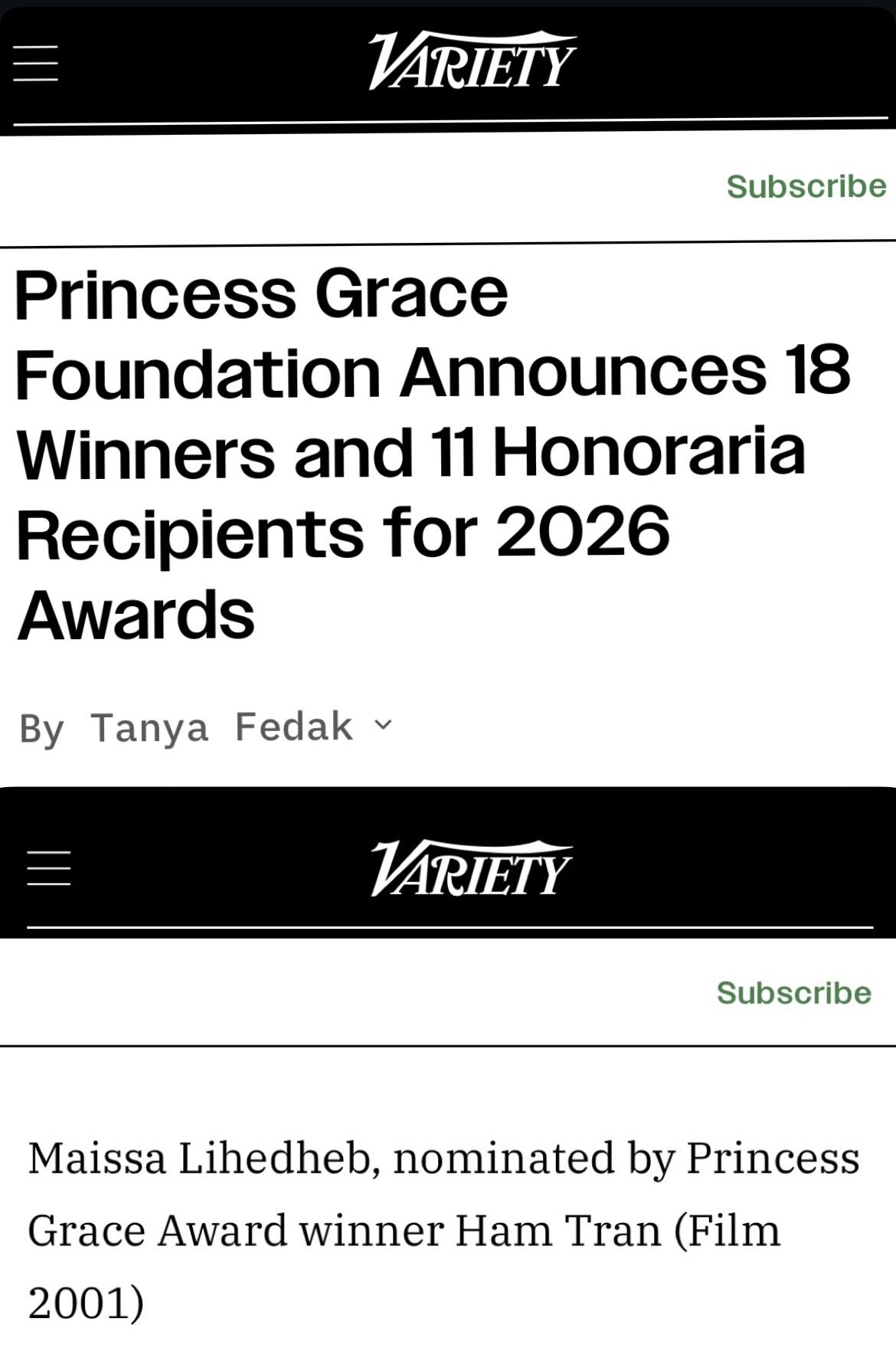 Screenshot of Variety coverage